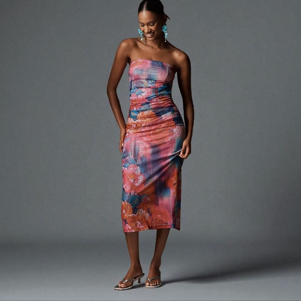 Anthropologie Strapless Floral Midi Dress in Pink and Blue